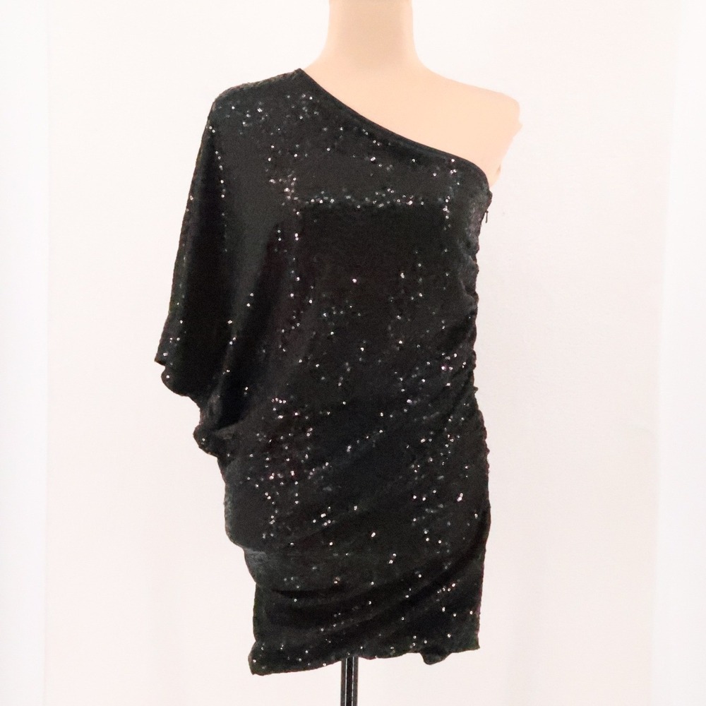 Guess by Marciano One Shoulder Sequin Cocktail Dress Womens Size XS Black 2010s‎